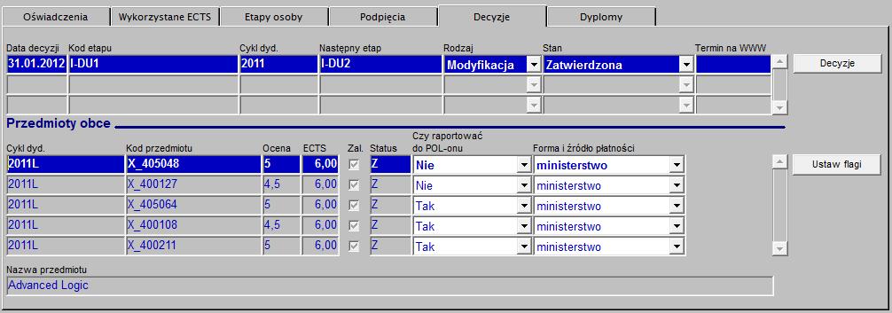 Zakładka Decyzje (Rysunek 9) zawiera te same informacje co zakładka Podpięcia, ale w odniesieniu do przedmiotów obcych z decyzji podpiętych pod program studenta (dz_przedmioty_obce.