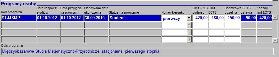 Kolejne pole to przyznany studentowi na kierunku limit punktów ECTS do wykorzystania (dz_programy_osob.limit_ects).