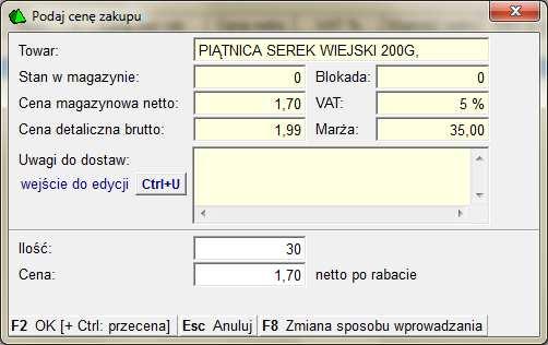 Akceptujemy. 8.Okno wprowadzania ilości i ceny towaru!