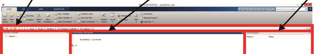 2. MATLAB wprowadzenie do interfejsu 1) Proszę uruchomić program MATLAB. Pierwsze uruchomienie MATLAB a trawa nawet kilka minut w zależności od wydajności komputera na którym pracujemy.