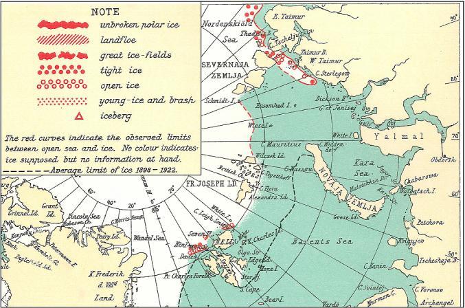 Ryc. 6. Wycinek mapy lodowej dla sierpnia 1938 roku ze zbioru Duńskiego Instytutu Meteorologicznego (http://brunnur.vedur.is/pub/ trausti/iskort/) Fig. 6. Part of the map of ice for August in 1938 from the set of the Danish Meteorological Institute (http://brunnur.