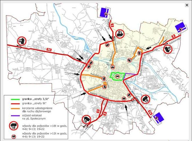 - Grabiszyńską, - Strzegomską, - Legnicką, - Popowicką, z uwzględnieniem poniższych ograniczeń: Pojazdy ciężarowe o DMC < 9 ton 12 ton Czasowo dopuszcza się całodobowy wjazd w obszar strefy pojazdów