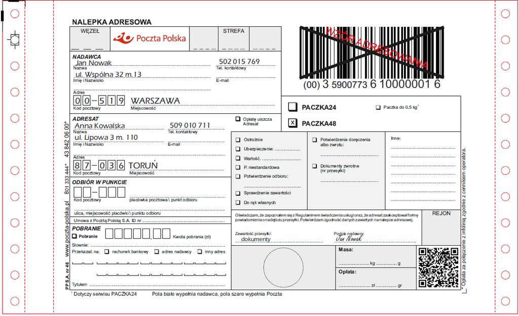 NALEPKA ADRESOWA I KSIĄŻKA NADAWCZA Aby Twoja przesyłka dotarła na czas pod właściwy adres, niezmiernie ważne jest dokładne wypełnienie nalepki adresowej. JAK POPRAWNIE ZAADRESOWAĆ PRZESYŁKĘ? 1.