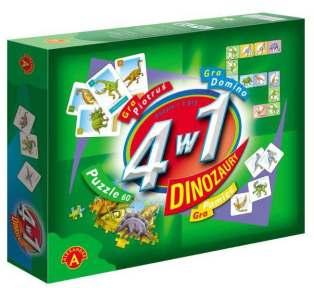 Gra 4w1 Dinozaury ALEX5561-16,35 "4 w 1 - dinozaury" to zestaw 3 różnych gier i 60 puzzli do układania. Wszystkie gry i puzzle łączy wspólny temat - dinozaury. Charakter gier jest zróżnicowany.