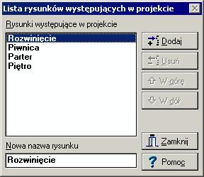 Audytor C.O. 3.5 10.1.29 Lista rysunków występujących w projekcie - dialog Dialog służy do edycji listy rysunków występujących w bieżącym projekcie.