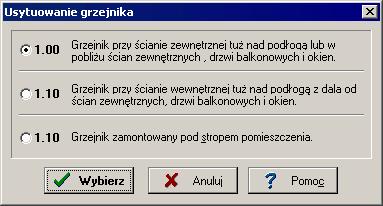 10 Załączniki Wprowadzanie danych na rozwinięciu 48, pasek funkcji rysowania 195. 10.1.55 Usytuowanie grzejnika - dialog Dialog służy do wyboru wariantu usytuowania grzejnika.