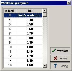 Audytor C.O. 3.5 10.1.58 Wielkość grzejnika - dialog Dialog służy do wyboru wielkości grzejnika.