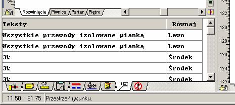 Audytor C.O. 3.5 10.3.11 Teksty - tabela Tabela służy do wprowadzania tekstów umieszczanych na rysunkach. Znajduje się w części tabelarycznej 337 okna Dane - Rysunki 300.