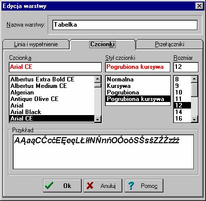 5 Wprowadzanie danych Dialog Edycja Warstwy karta Linia i wypełnienie Czcionki - karta Dzięki tej karcie możliwe jest