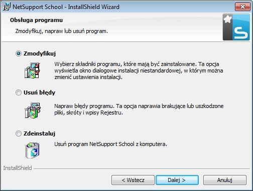 Wykryto Istniejącą Instalację Ekran ten pojawi się jeżeli egzemplarz NetSupport School jest już zainstalowany na stanowisku roboczym.