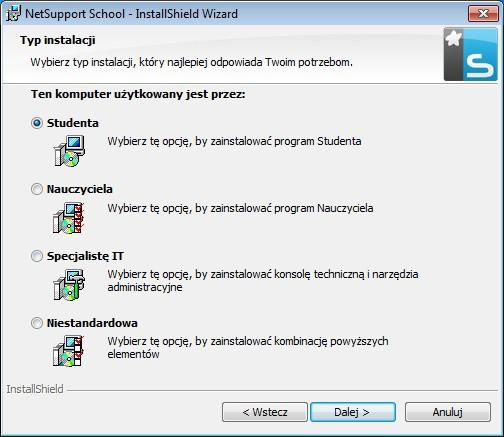 Wybierz Typ Ustawień Wybierz typ ustawień do zainstalowania na stanowisku roboczym. Student Instaluje oprogramowanie Uczeń.