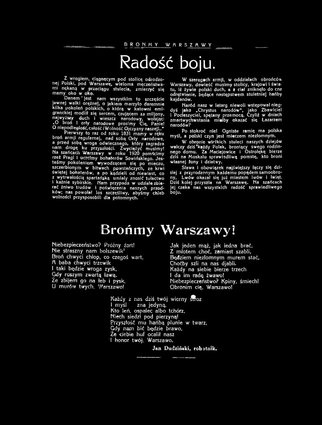 Na szańcach Warszawy w roku 1920 pomścimy rzeź Pragi i uczcimy bohaterów Sowińskiego.