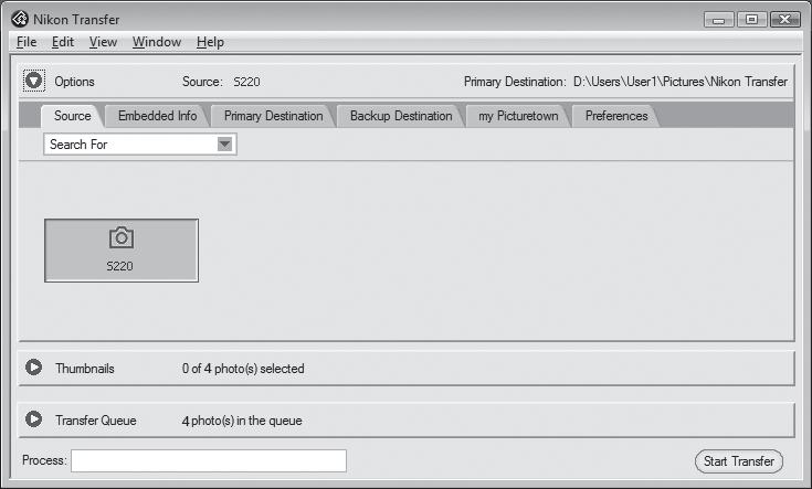 Podłączanie aparatu do komputera 5 Skopiuj zdjęcia po załadowaniu programu Nikon Transfer. Kliknij przycisk Start Transfer (Rozpocznij przesyłanie) w programie Nikon Transfer.