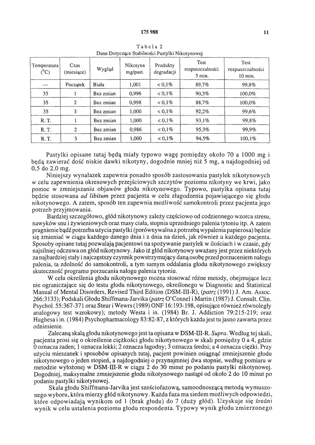 Temperatura ( C) Czas (miesiące) 175 988 11 Tabela 2 Dane Dotyczące Stabilności Pastylki Nikotynowej Wygląd Nikotyna mg/past. Produkty degradacji Test rozpuszczalności 5 min.