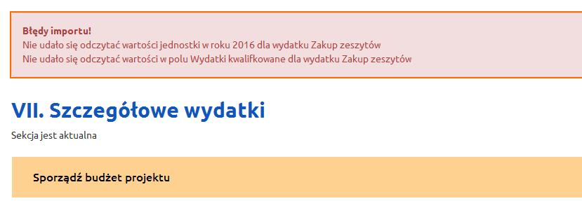 Plik XLS zawierający budżet może być importowany do innych projektów.