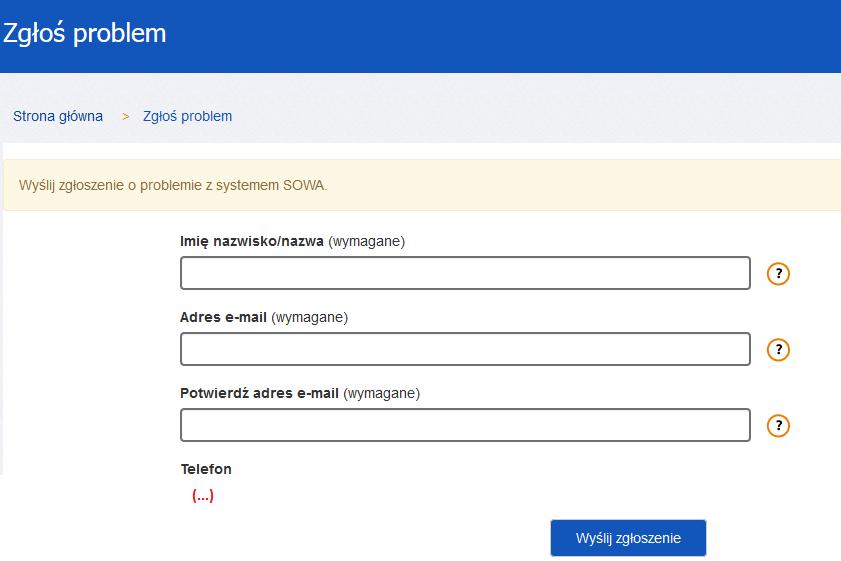 Jeżeli użytkownik jest zalogowany do systemu, część danych w formularzu uzupełni się automatycznie. Istnieje możliwość załączania plików do zgłoszenia.