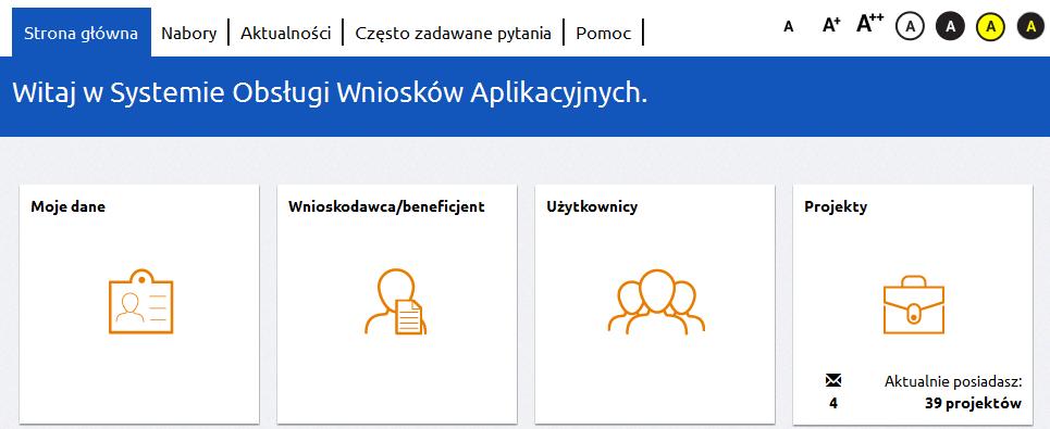 Użytkownicy zarządzanie kontami współpracowników wnioskodawcy/ beneficjenta; Projekty - zarządzanie wnioskami o dofinansowanie projektów oraz fiszkami