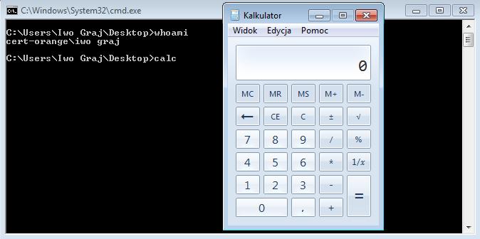 Poprawne działanie tej funkcji umożliwiło wykonanie powyższych poleceń whoami oraz calc na komputerze użytkownika.