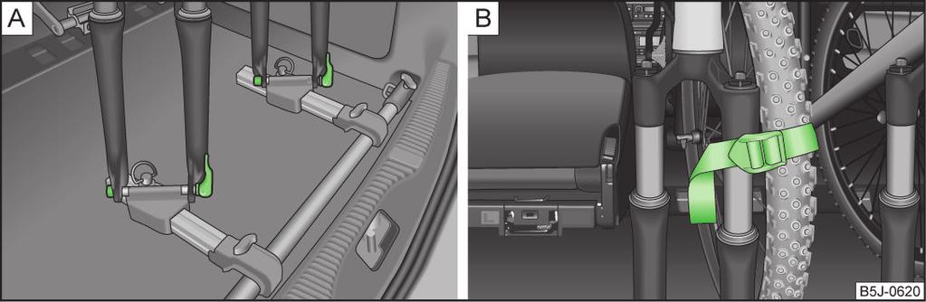73 i wsunąć belkę wzdłużną (część aluminiowa) do belki poprzecznej aż do zatrzaśnięcia oprawy. Wkręcić śrubę A w nakrętkę. Odkręcić i wyciągnąć śrubę B na przesuwanym elemencie bagażnika.