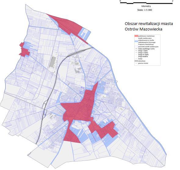 Mapa 3. Obszar rewitalizacji miasta Ostrów Mazowiecka (opracowanie własne) 