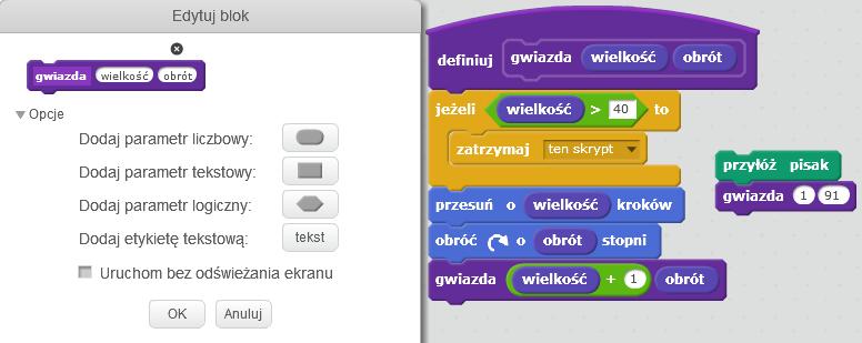 Gimnazjalisto, zrób to sam programowanie w Scratchu 331 pokazywania i ukrywania wszystkich klonów, zmiany koloru rysowania Można też dodać i wykorzystać zmienne ustawiające krok i kąt obrotu duszka