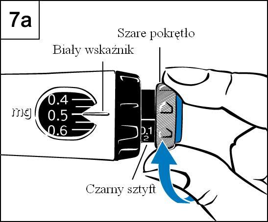 Krok 6. Ustawienie dawki Za pomocą czarnego pierścienia ustawić dawkę leku. Zachować ostrożność, aby nie przesunąć szarego pokrętła przy ustawianiu dawki. a. Chwycić czarny pierścień jak pokazano na ryc.