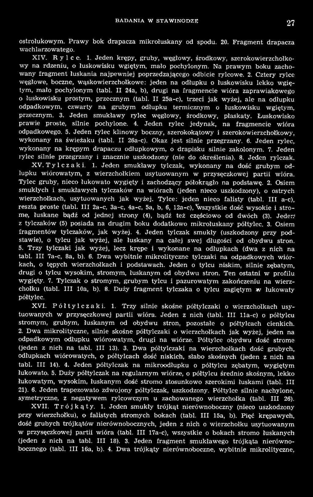 II 25a-c), trzeci jak wyżej, ale na odłupku odpadkowym, czwarty na grubym odłupku termicznym o łuskowisku wgiętym, przecznym. 3. Jeden smukławy rylec węgłowy, środkowy, płaskaty.