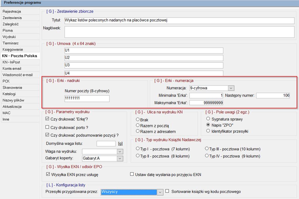 RYSUNEK 10 KONFIGURCJA NADAWANIA NUMERÓW ERKI 2.5. Nowe typy przesyłek.