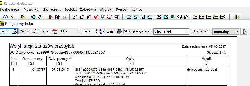 Po wykonaniu importu wyświetli się raport zawierający informacje o pobranych danych z Elektronicznego Nadawczy Poczty Polskiej.