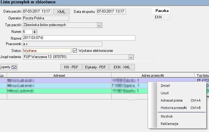 2.9. Złożenie reklamacji do wykonanej usługi przez Pocztę Polską. W programie umożliwiono złożenie reklamacji do konkretnej przesyłki.