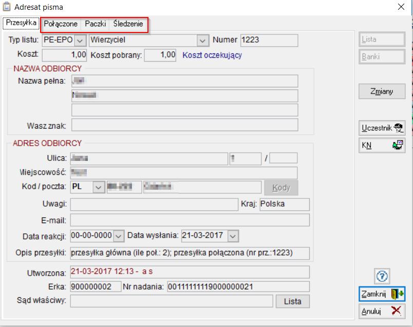 3. W module książki nadawczej dodano funkcjonalność pozwalającą sprawdzić przesyłki połączone, paczki, a także zdarzenia ze śledzenia w oknach