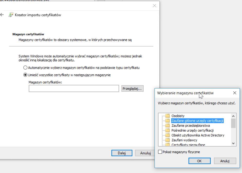 W drugim kroku instalatora należy zaznaczyć opcję Umieść wszystkie certyfikaty w następującym magazynie.