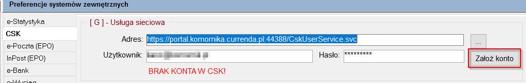 W module Konfiguracja Systemy zewnętrzne CSK należy dokonać założenia konta. W tym celu należy wpisać adres usługi https://portal.komornika.