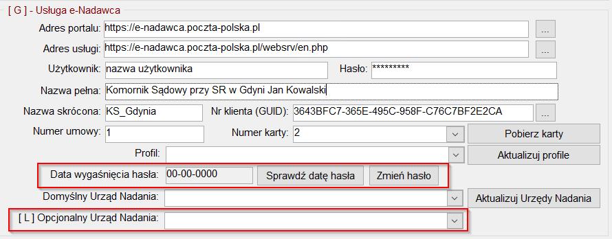 3. W konfiguracji dostępne są również dodatkowe opcje takie jak: a. Sprawdź datę hasła umożliwia sprawdzenie daty ważności hasła b. Zmień hasło pozwala zmienić hasło użytkownika do systemu e-nadawca.