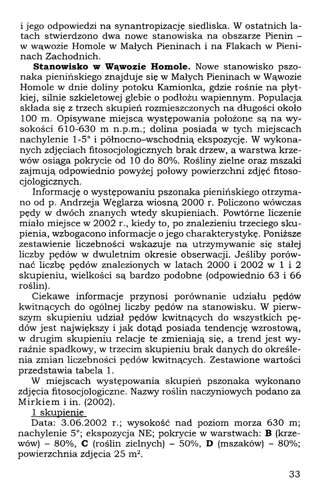 i jego odpowiedzi na synantropizację siedliska. W ostatnich latach stwierdzono dwa nowe stanowiska na obszarze Pienin - w wąwozie Homole w Małych Pieninach i na Flakach w Pieninach Zachodnich.