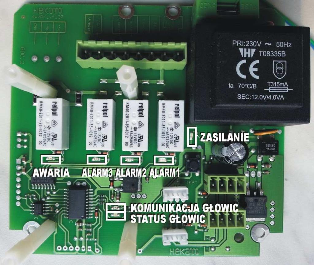 czujnika po włączeniu zasilania trwa przez 3 minuty od momentu włączenia zasilania Mruganie na przemian z diodą awarii brak komunikacji z bazą Alarm(czerwona) Wyłączona brak przekroczenia progów