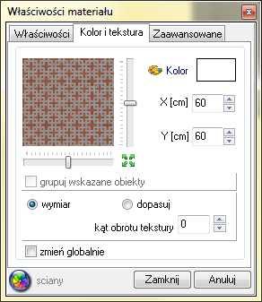 projekcie, oprócz tekstur, można nadać konkretny, określony przez użytkownika kolor z palety kolorów, ponadto można nadawać im różne właściwości, które opisano w następnym punkcie.