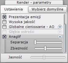 Obrazy anaglifowe funkcja Anaglif w zakładce Scena można uzyskać obraz anaglifowy, który wywołuje wrażenie trójwymiarowości, gdy jest oglądany przez specjalne czerwono-turkusowe okulary, użytkownik