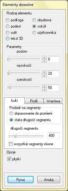 , sufit płaski element analogiczny do podłogi, z tą różnicą, że jego poziom wstawienia domyślnie ustawiony jest na 2600 mm; sufit w kształcie odpowiadającym parametrom pomieszczenia, wyrysowuje się