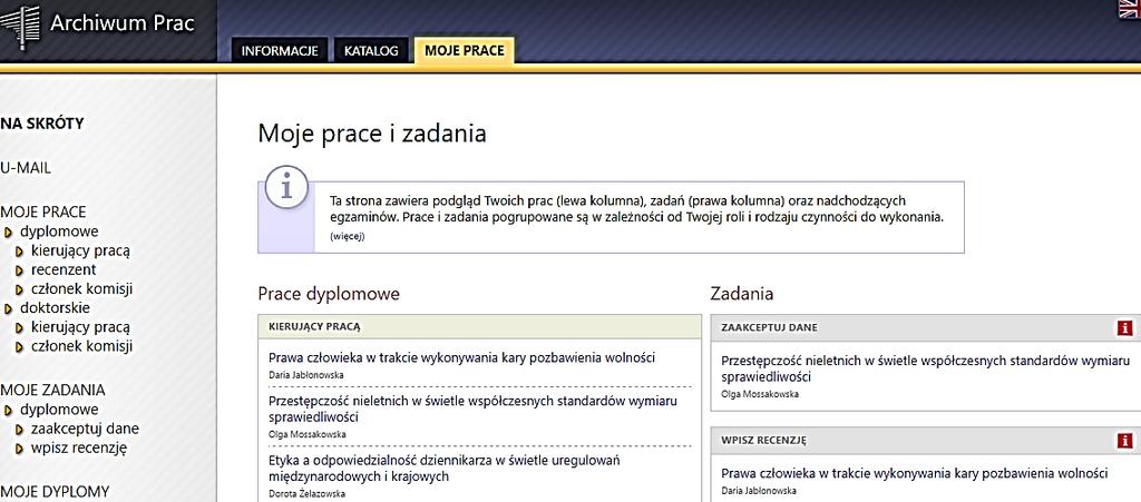 B. Wpisywanie recenzji prac dyplomowych Krok 1 po otrzymaniu wiadomości z systemu APD z informacją o zadaniu do wykonania, należy zalogować się do