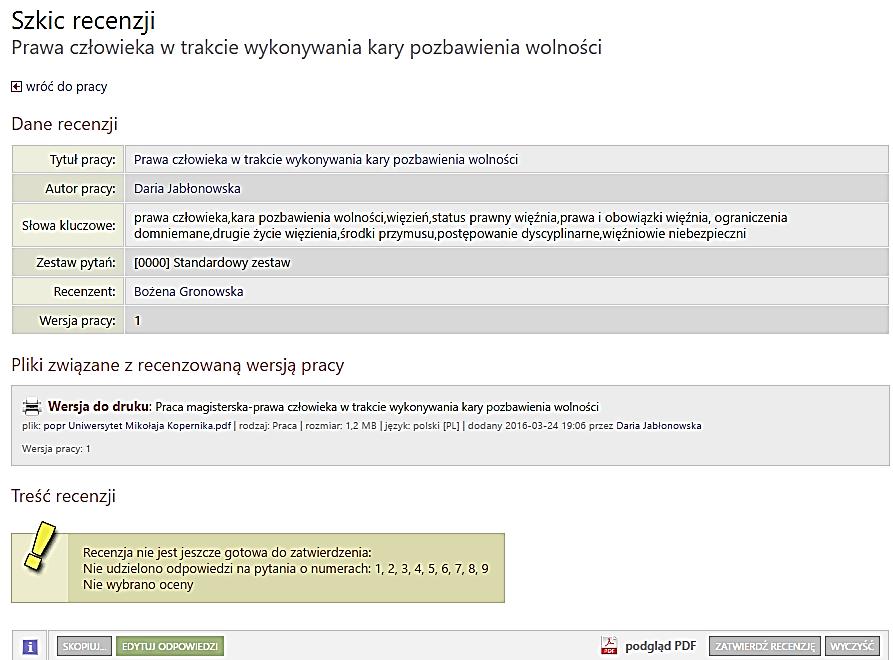 B. Wpisywanie recenzji prac dyplomowych Krok 3 przechodząc w dół strony widzimy