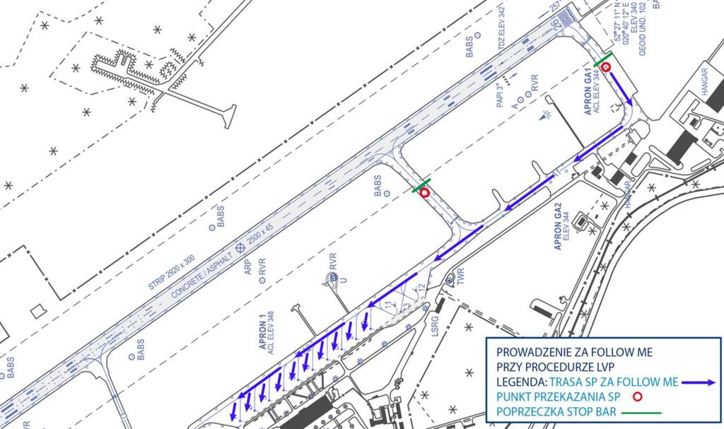 1.8 STANDARDOWE TRASY DO KOŁOWANIA STATKÓW POWIETRZNYCH 1.8.1 Po wykonaniu lądowania na kierunku RWY 08 (CAT II) alternatywy: a) Samochód Follow Me prowadzi SP od punktu przekazania na DK-B do stanowiska przydzielonego na płycie postojowej nr 1.