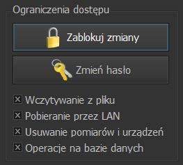 8. Ograniczenia dostępu Narzędzie Ograniczenia dostępu umożliwia ochronę hasłem funkcji operujących na bazie danych takich jak wczytywanie pomiarów, usuwanie pomiarów i punktów, kopiowanie bazy czy