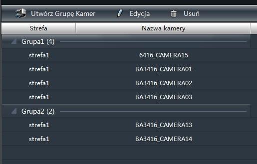 zarządzania grupami kamer. Wyświetla on listę zdefiniowanych grup wraz z nazwami kamer do przyporządkowanymi do grupy.