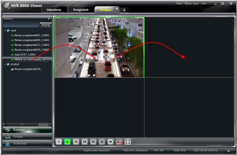 na wybranej kamerze a obraz niej zostanie wyświetlony w aktywnym oknie podglądu. Można także przeciągnąć obraz kamery z okna do okna.