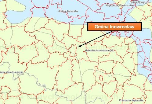 regionu jest tzw. tektoniczny wał kujawski, gdzie występują wysady soli kamiennej (solanki Inowrocławia i Ciechocinka). Rysunek 5. Położenie fizyczno-geograficzne Gminy Inowrocław Źródło: https://pl.