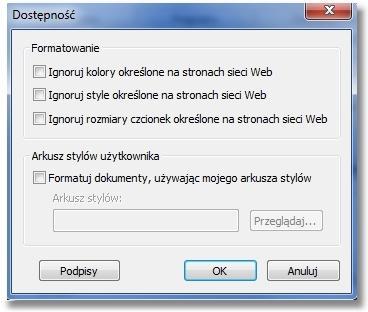 ..] powinny być odznaczone opcje Ignoruj kolory określone na stronach sieci Web, Ignoruj style określone na stronach sieci Web, Ignoruj rozmiary