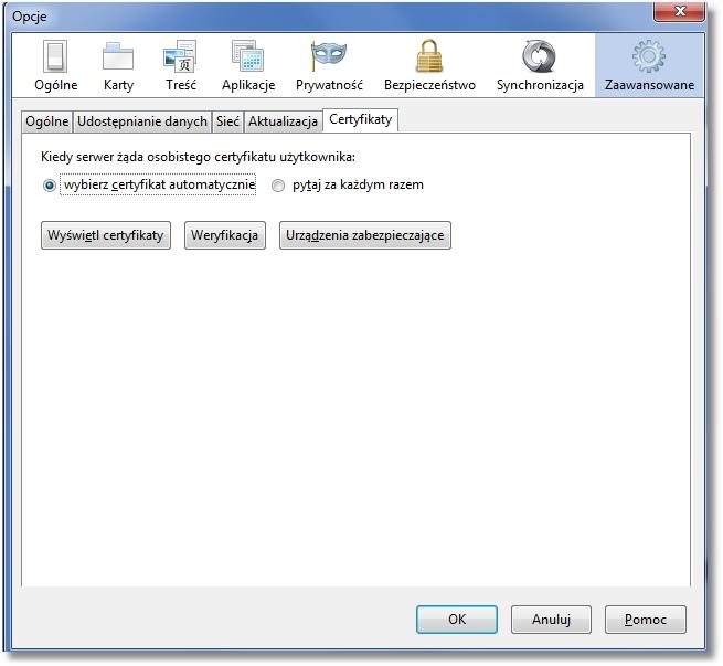 - w sekcji Certyfikaty: Kiedy serwer żąda osobistego certyfikatu użytkownika włączyć: wybierz certyfikat automatycznie. Wprowadzone zmiany należy zaakceptować przyciskiem [OK].