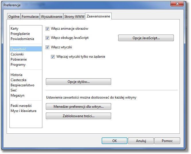W zakładce Zaawansowane w opcji Zawartość należy zaznaczyć następujące sekcje: Włącz obsługę JavaScript - po kliknięciu przycisku [Opcje JavaScript.