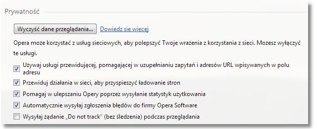 Wybrać zakładkę Prywatność i bezpieczeństwo oraz skonfigurować odpowiednio ustawienia. W sekcji Prywatność należy wybrać przycisk [Wyczyść dane przeglądania.